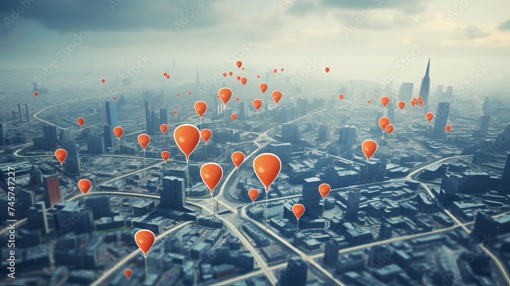 Poster city with abstract connected location pins. dull sky background. navigation concept. 3d rendering
