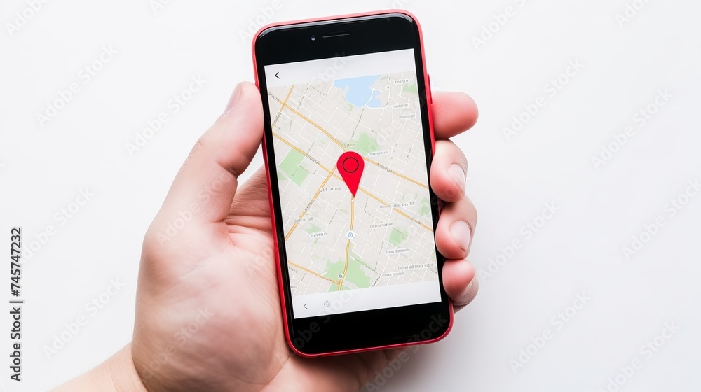 Poster close-up of a person's hand holding cellphone with red map pin pointer against white background