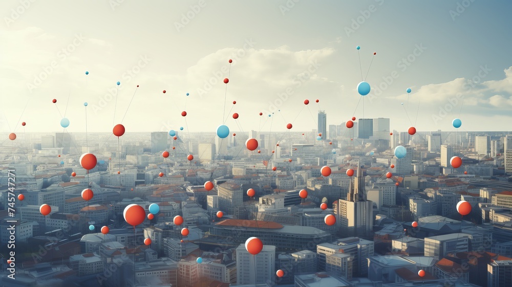 Poster city with abstract connected location pins. dull sky background. navigation concept. 3d rendering