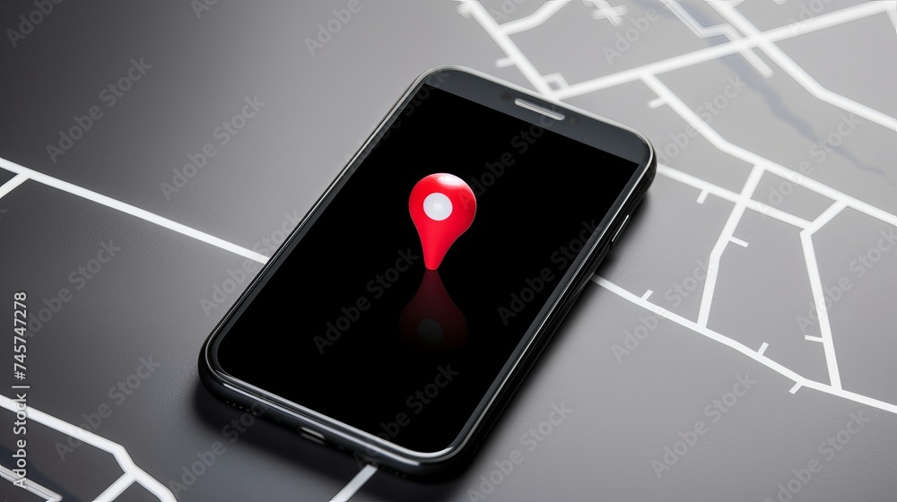 Poster close-up of a red map pin pointer on black cellphone over white surface