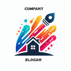 The logo with colorful splashes and a house, on a white background is suitable for corporate or other logo designs