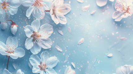 Spring nature background with lovely blossom in blue pastel color, top view, banner