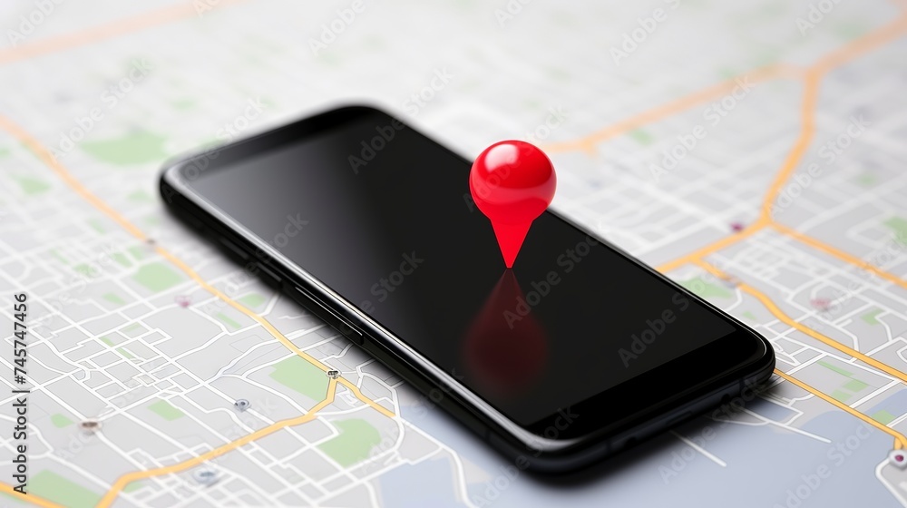 Poster close-up of a red map pin pointer on black cellphone over white surface