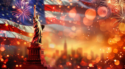 Statue of Liberty on the background of flag USA, sunrise and fireworks