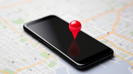 Close-up Of A Red Map Pin Pointer On Black Cellphone Over White Surface