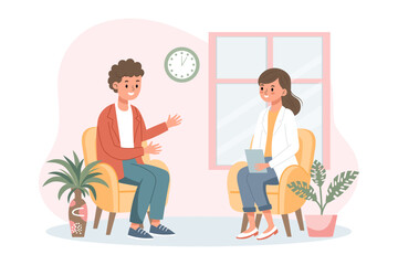 Psychotherapy session, man talking to a psychologist. Mental health banner or landing page template. Illustration, vector
