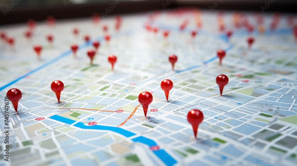 Aufkleber close-up of a road map with red navigation icons