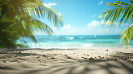Fototapeta na wymiar Summer exotic sandy beach with blur palms and sea on background