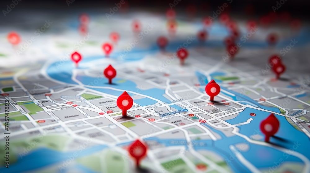 Poster close-up of a road map with red navigation icons