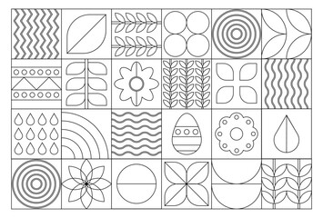 Geometric flat outline composition of plants, natural abstract decorative art, web banner and poster with ornamental tile pattern. Vector illustration.