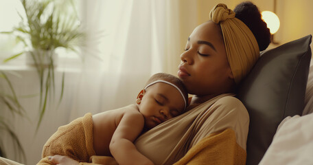 Beautiful black woman resting on couch with infant baby sleeping on chest