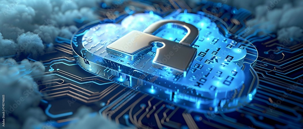 Poster a high-tech design of cloud security, with secure cloud icon and padlock on a glowing circuit board.