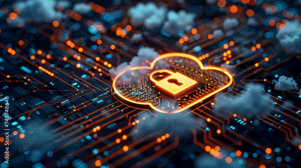 Poster a high-tech design of cloud security, with secure cloud icon and padlock on a glowing circuit board.
