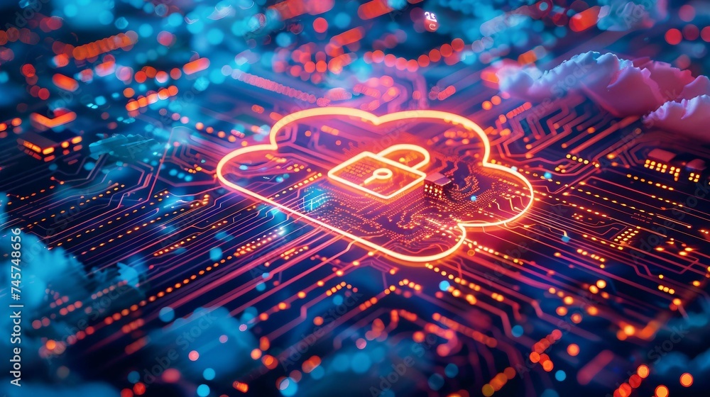 Poster a high-tech design of cloud security, with secure cloud icon and padlock on a glowing circuit board.