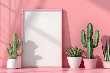 Close up bright modern pink room interior background with white blank portrait poster space leaning on pink wall background by cactus plant.