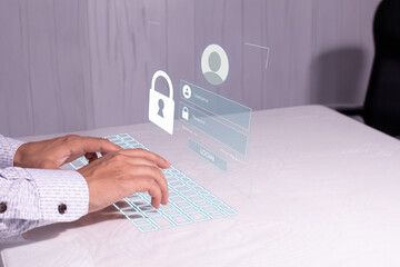 man with virtual reality computer enters password and user name