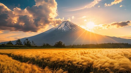 Fujiyama fujisan photo landscape at golden hour with gry grass agricultural field and some trees at foreground