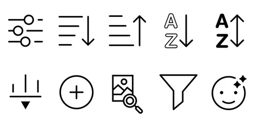 Filter icon vector set. Filter control isolated linear icons. Web icon set, add, A to z. Vector illustration concept.