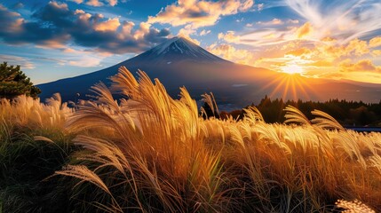 Fuji yama photo landscape at golden hour with gry grass field and some trees at foreground