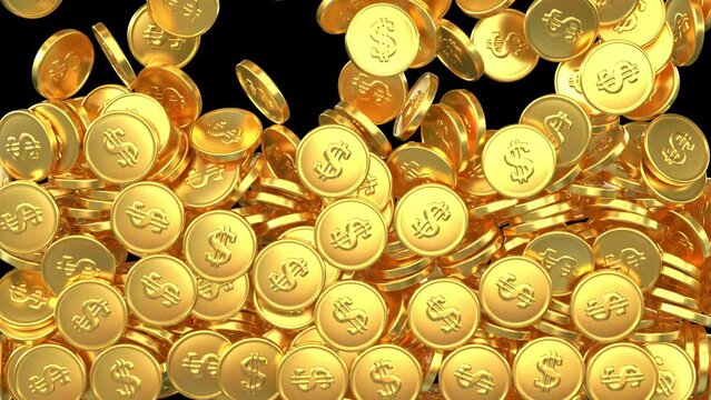 Falling dollar gold coins transition &ndash; 3d render with alpha channel.
