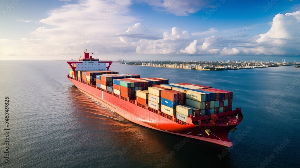 Poster container ship carrying container for import and export, business logistic and transportation by con