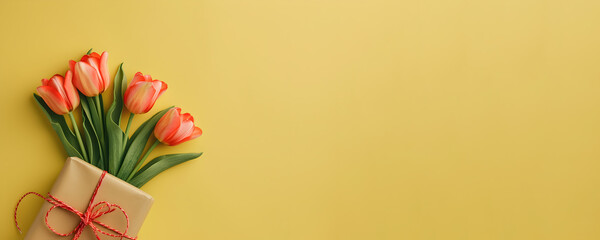 Mother's day concept - fresh beautiful tulips and present on solid color background