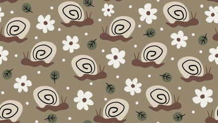 Cute cartoon hand drawn seamless vector pattern illustration with snail, daisy flowers and leaves on green background