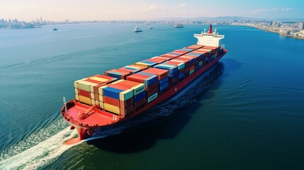 Fototapeta premium Container ship, Freight business import export logistic and transportation of International container cargo ship in the open sea, Aerial view maritime container freight shipping.