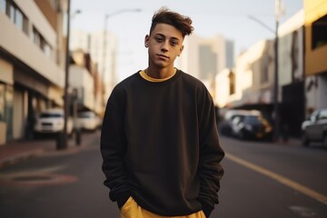 Handsome young man in a black sweatshirt on the street