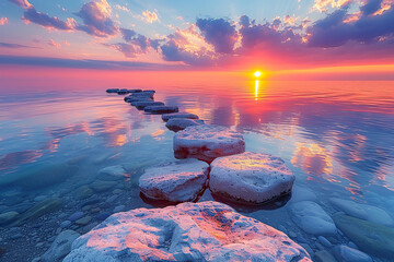 Sunset Reflections on the Sea and Rocks, Sunset Views Along the Beach and Coast, Sunset Sky, Sea, and Coastal Landscape, Evening Reflections on the Water and Rocks, Nature's Beauty Along the Ocean