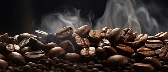 wallpaper of a  Aromatic roasted coffee beans and steam, closeup, food advertising