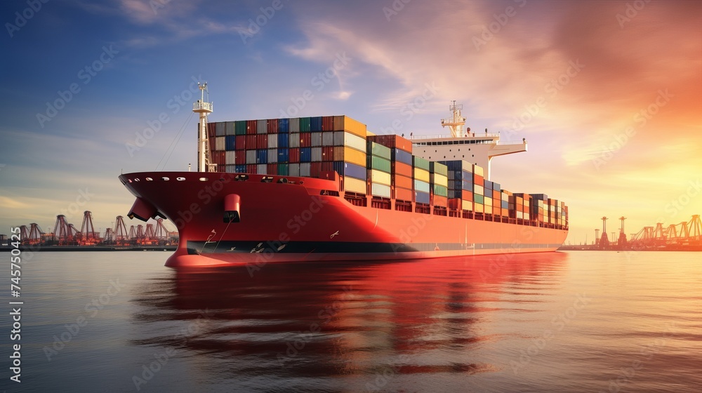 Poster container ship in import export and business logistic