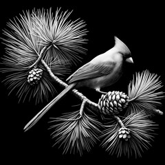 Cardinal birds sitting on a branch of a pine coniferous tree with cones, black and white image. Image to be engraved on a black background.