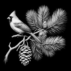 Cardinal birds sitting on a branch of a pine coniferous tree with cones, black and white image. Image to be engraved on a black background.