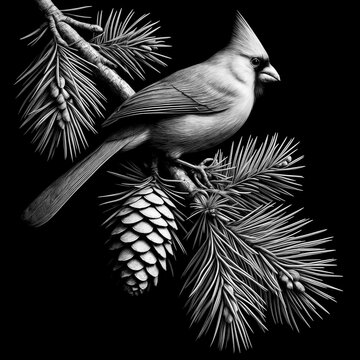 Cardinal birds sitting on a branch of a pine coniferous tree with cones, black and white image. Image to be engraved on a black background.