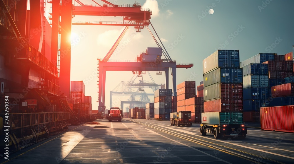 Aufkleber crane loading cargo container import container ship in the international terminal logistic sea port 