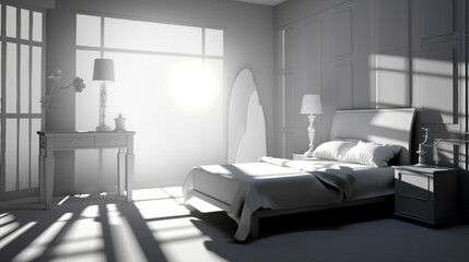 Modern Cozy Bedroom with Stylish Furniture and White Background - A Minimalist Retreat for Relaxation and Comfort at Home