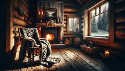 Cozy wooden cabin interior with a lit fireplace, a comfortable chair draped with a blanket, and a warm glow from the window. - obrazy, fototapety, plakaty