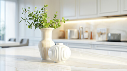 Interior of a modern kitchen with an island. Close-up of a beige fashion vase. Light colors....