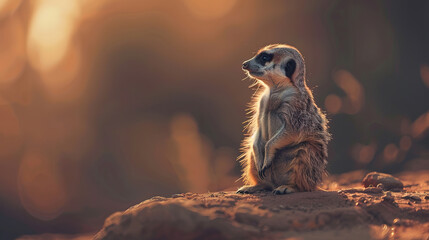 a image of a meerkat , blur nature background, with empty copy space	
