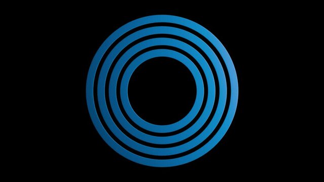 Four Blue Concentric Circles Structure Rotating with Delay. Seamless Motion. Isolated on Black Background