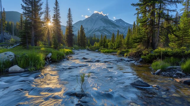 Natural landscape over a stream running to river with forest and mountain far away on clear blue sky with sun