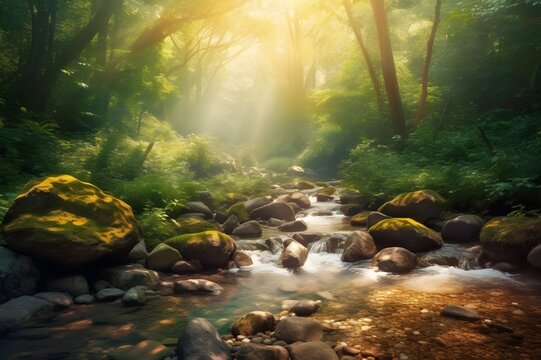 stream in the forest with trees and sun