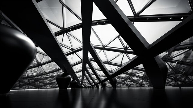 Design of architecture metal structure similar to spaceship interior. abstract modern architecture black and white photo