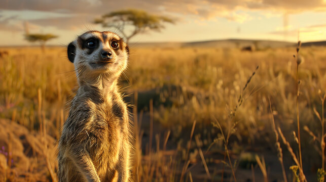a image of a meerkat , blur nature background, with empty copy space	
