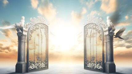 The gates of heaven that wait after death White clouds - obrazy, fototapety, plakaty
