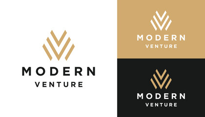 Golden Initial Letter MV V M VM with Simple Monogram Stripes Logo Design - obrazy, fototapety, plakaty