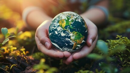 Embracing the World: A Person Holding a Small Green Earth in Their Hands - obrazy, fototapety, plakaty