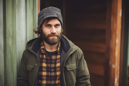 Handsome bearded man wearing a hat and jacket standing in front of a wooden house