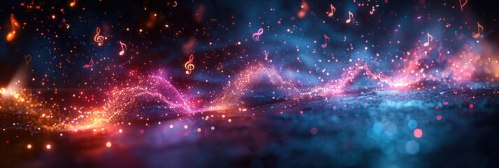 Close up of Melody flowing music wave abstract background showing colourful music notes which are musical notation symbols, illustration